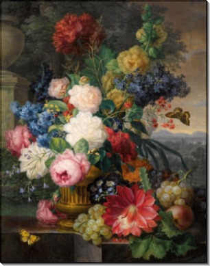 Натюрморт с бабочками, цветами и фруктами на фоне пейзажа - Нигг, Йозеф
