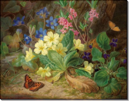 Картина Альпийские цветы с фиалками и бабочками - Лауэр, Йозеф
