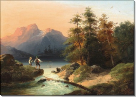 Два юных рыбака в альпийском пейзаже - Хёгер, Йозеф