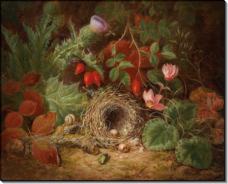 Натюрморт с цикламенами, чертополохом, шиповником и птичьим гнездом - Лауэр, Йозеф