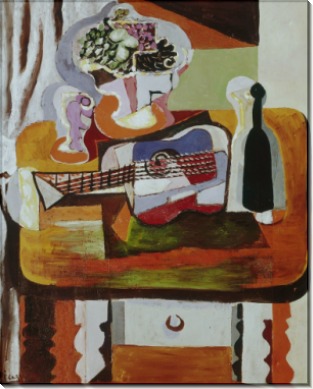 Натюрморт с гитарой, бутылкой и вазой с цветами - Пикассо, Пабло