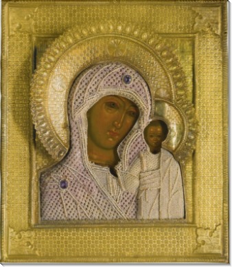 Икона Б.М. Казанская в серебряном окладе с жемчугом (1832)