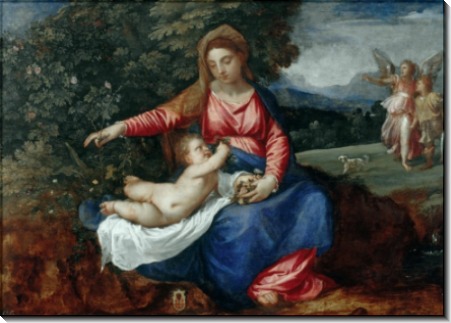 Мадонна с Младенцем на фоне пейзажа с Товией и ангелом - Тициан Вечеллио