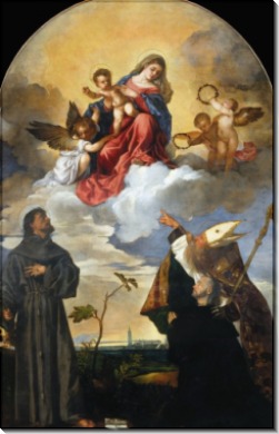 Мадонна с Младенцем со святыми Франциском, Людовиком Тулузским и донатором Луиджи Гоцци - Тициан Вечеллио