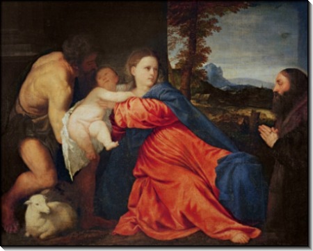 Мадонна с Младенцем, святым Иоанном Крестителем и донатором - Тициан Вечеллио
