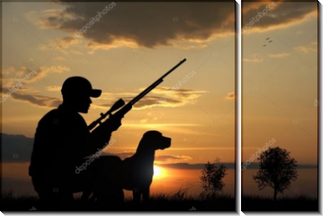 Охотник с собакой на закате - Сток