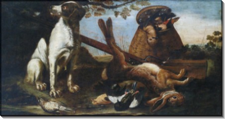 Собаки, охраняющие битую дичь на фоне пейзажа - Конинк, Давид де