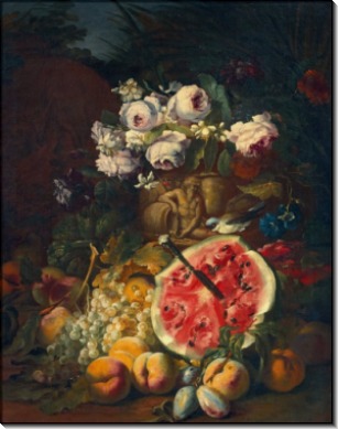 Арбуз, персики, сливы и виноград с розами на фоне пейзажа - Брейгель, Абрахам