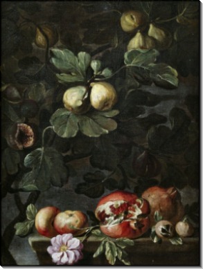 Натюрморт с фиговой веткой и яблоками, розой и гранатами на постаменте - Брейгель, Абрахам