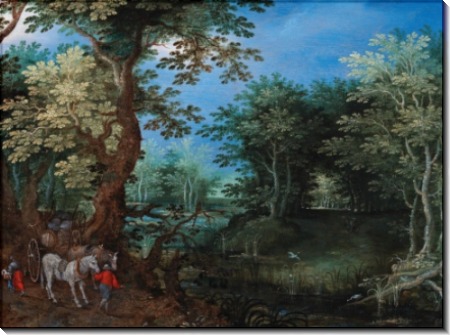 Лесной пейзаж с повозкой и лошадьми - Брейгель, Ян (Старший)
