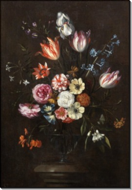 Розы, тюльпаны, ирисы и другие цветы в стеклянной вазе - Брейгель, Ян (младший)