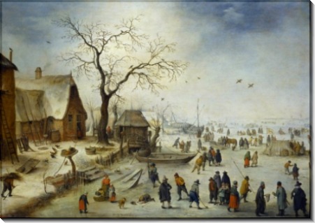 Деревня зимой с крестьянами на льду - Брейгель, Ян (младший)