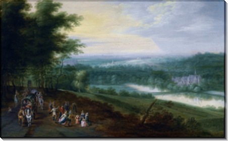 Речной пейзаж с путниками и аббатством за рекой - Брейгель, Ян (младший)