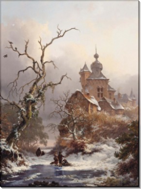 Идиллический зимний пейзаж со сборщиками хвороста близ замка - Круземан, Фредерик Маринус