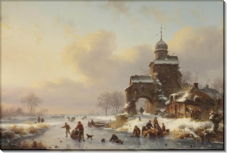Конькобежцы на замерзшей реке близ замка - Круземан, Фредерик Маринус