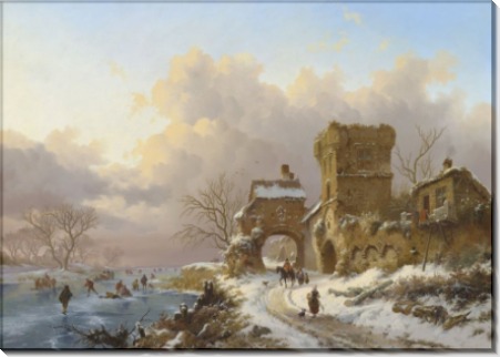 Зимний пейзаж с путниками у городских ворот - Круземан, Фредерик Маринус