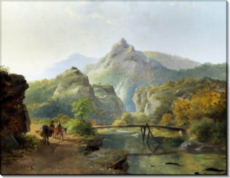Альпийский пейзаж с рекой и путниками - Круземан, Фредерик Маринус