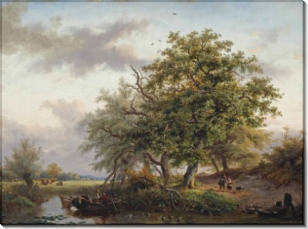 Пейзаж с рыбацкой лодкой на пруду - Круземан, Фредерик Маринус