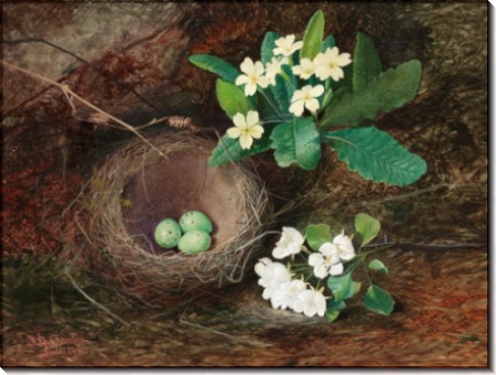 Гнездо дрозда, первоцветы и цветущая груша - Гримшоу, Джон Аткинсон