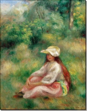 Девушка в розовом на фоне пейзажа - Ренуар, Пьер Огюст