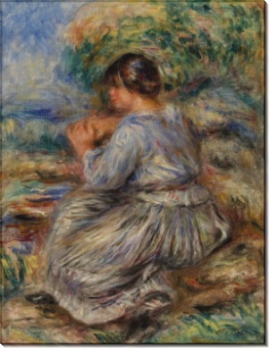 Сидящая девушка на фоне пейзажа - Ренуар, Пьер Огюст
