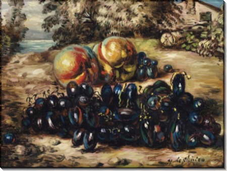 Натюрморт с фруктами на фоне пейзажа - Кирико, Джорджо де