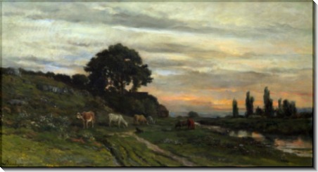 Пейзаж со стадом коров у реки - Добиньи, Шарль-Франсуа 