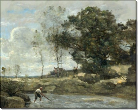 Пейзаж с рыбаком, устанавливающим сеть - Коро, Жан-Батист Камиль