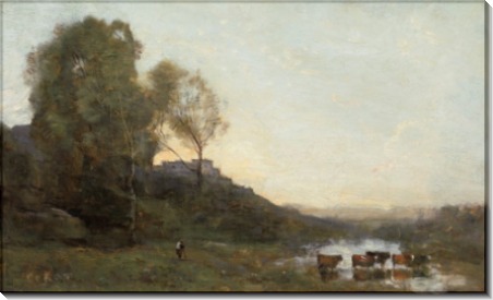 Пейзаж с пятью коровами, переходящими речку вброд - Коро, Жан-Батист Камиль