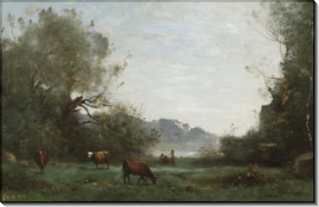 Пейзаж с пастухами и коровами на лугу - Коро, Жан-Батист Камиль