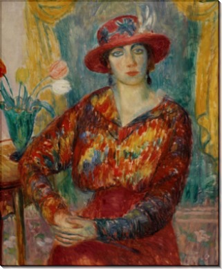 Женщина в красной блузе с букетом тюльпанов - Глакенс, Уильям