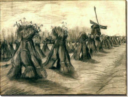 Пшеничное поле со снопами и ветряной мельницей (Wheat Field with Sheaves and a Windmill), 1885 - Гог, Винсент ван