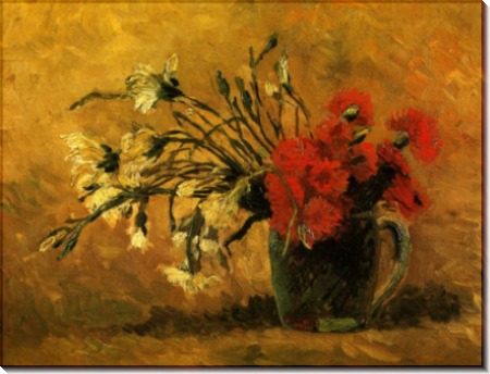 Ваза с красными и белыми гвоздиками на желтом фоне (Vase with Red and White Carnations on a Yellow Background), 1886 - Гог, Винсент ван