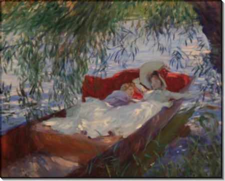Женщина с ребенком, спящие в лодке под ивами - Сарджент, Джон Сингер