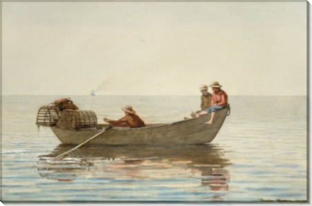 Три мальчика в рыбацкой лодке с корзиной для лобстеров - Хомер, Уинслоу