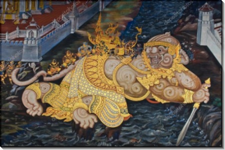Хануман, бог в облике обезьяны. Фреска на стене храма в Таиланде