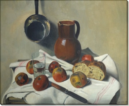 Яблоки, кувшин, стакан воды и хлеб - Валлоттон, Феликс 